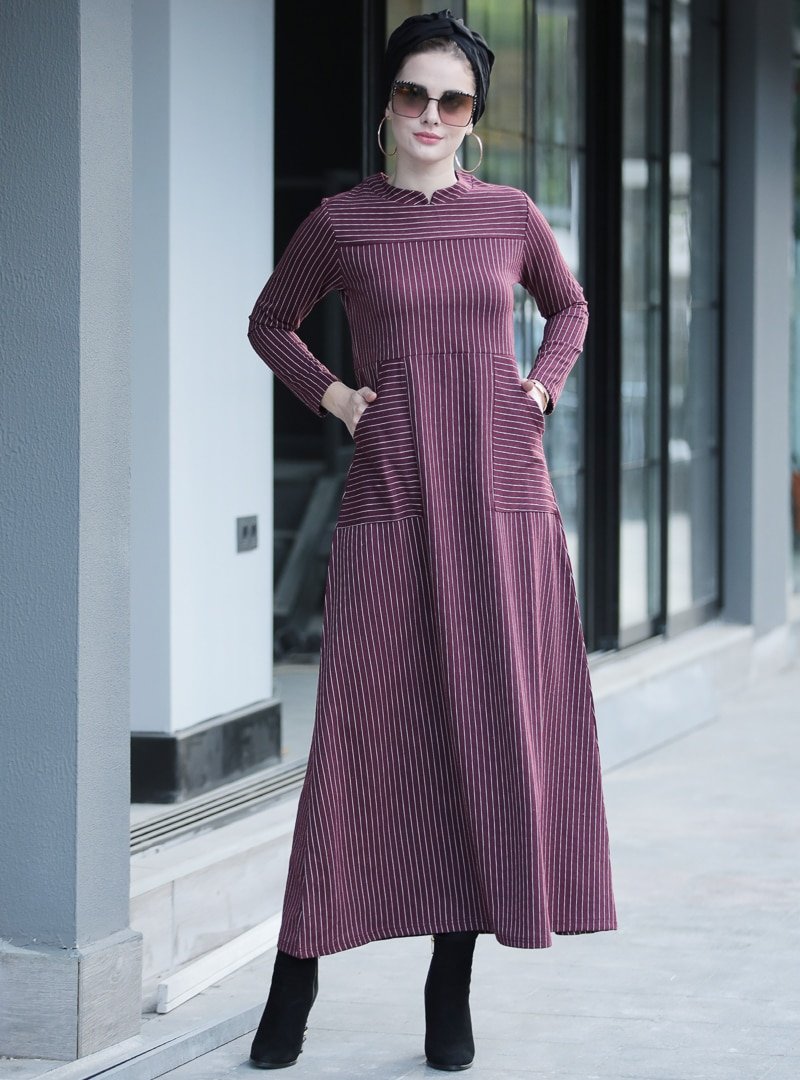 Selma Sarı Design Bordo Çizgili Cepli Elbise