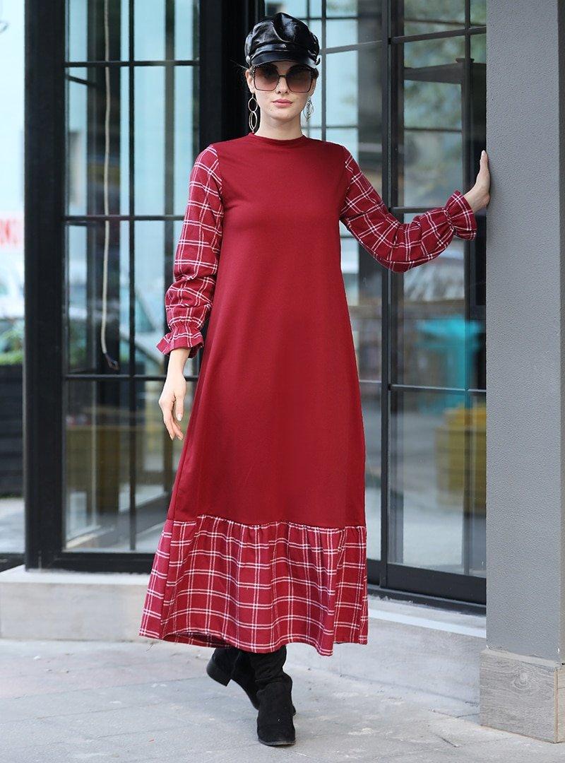 Selma Sarı Design Bordo Ekose Garnili Elbise