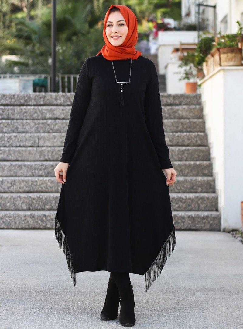 Por La Cara Siyah Kolyeli Eteği Salaş Elbise
