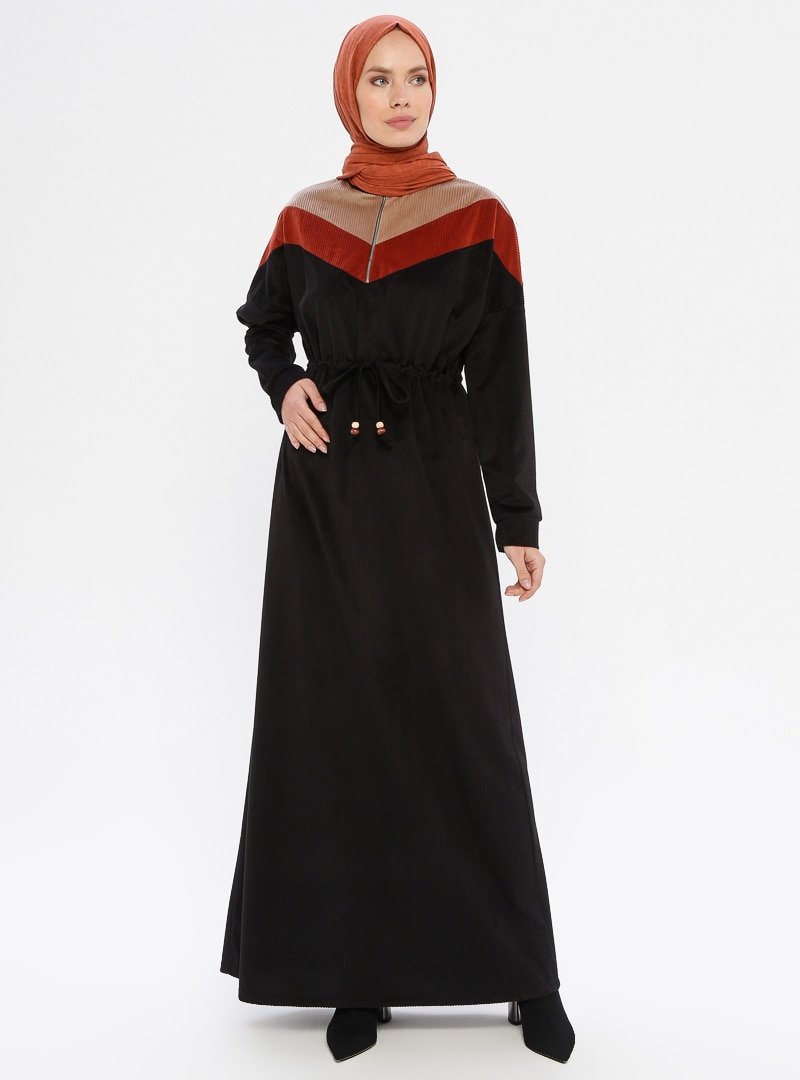 Ginezza Siyah Kiremit Belden Büzgülü Elbise