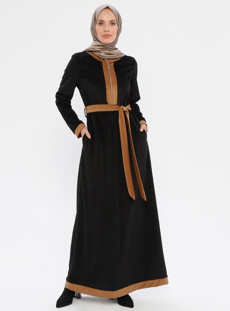 Ginezza Siyah Vizon Kontrast Elbise