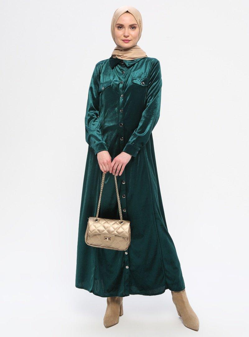 MEKSİLA Yeşil Kadife Elbise