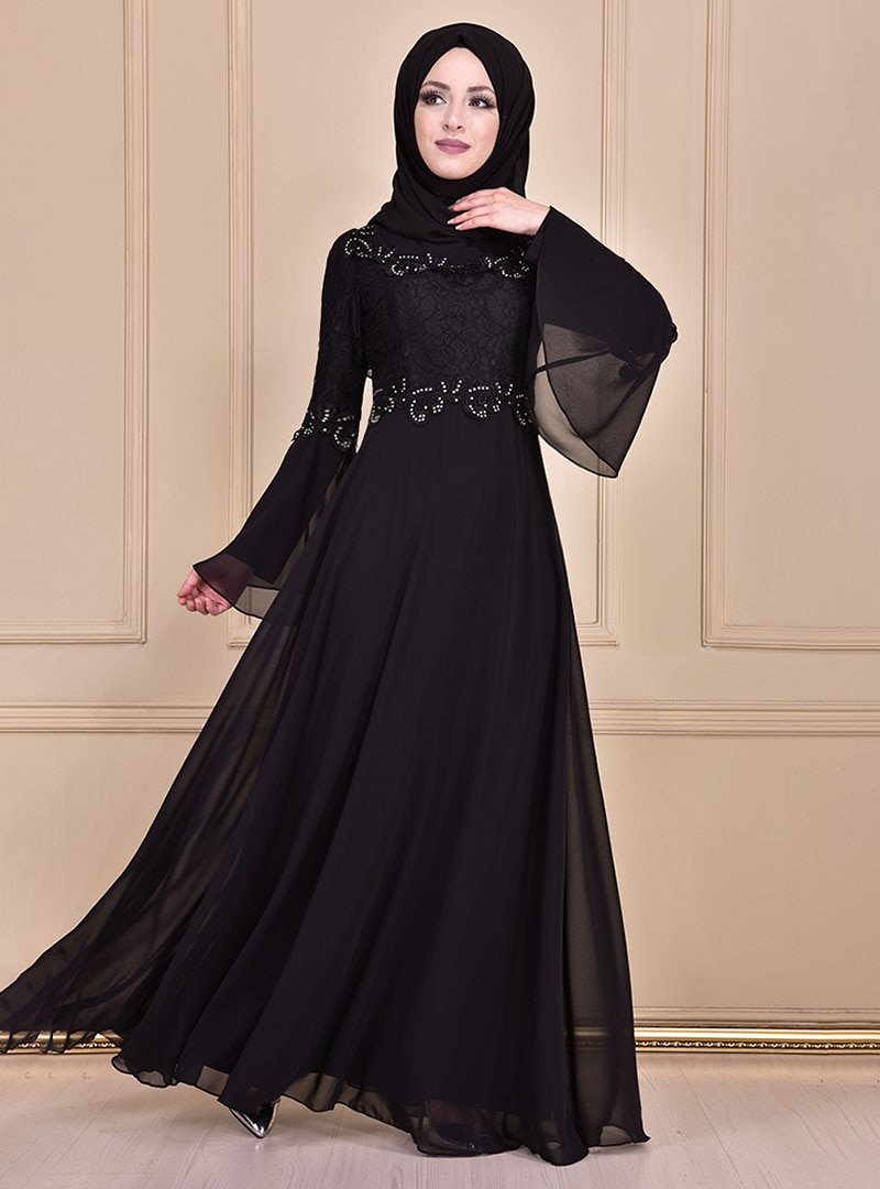 AYŞE MELEK TASARIM Siyah V Yaka Taşlı Elbise