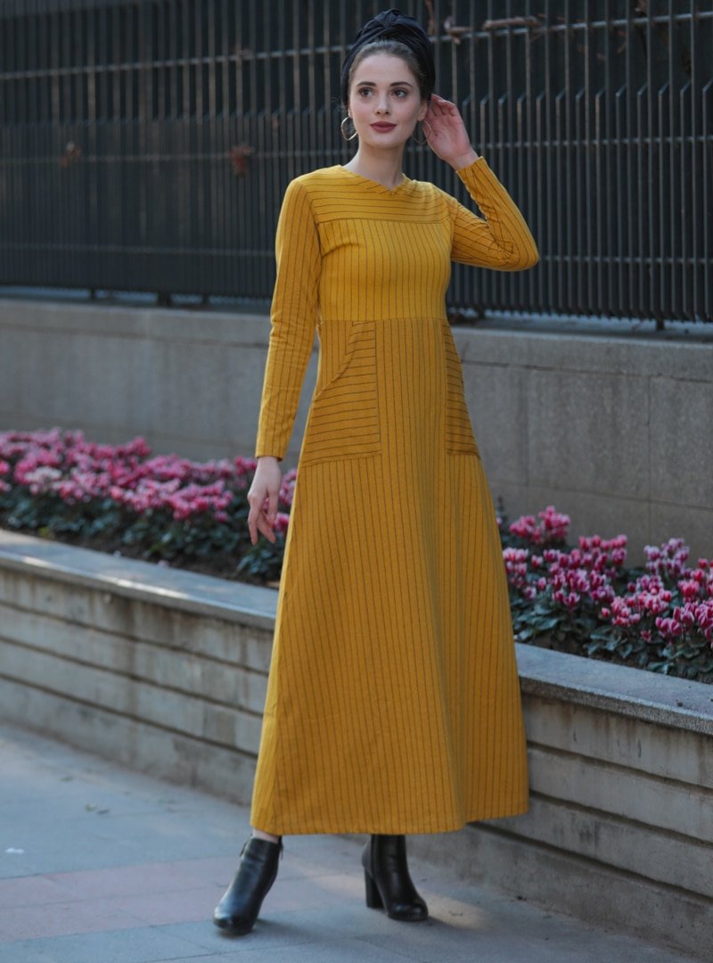 Selma Sarı Design Hardal Çizgili Cepli Elbise