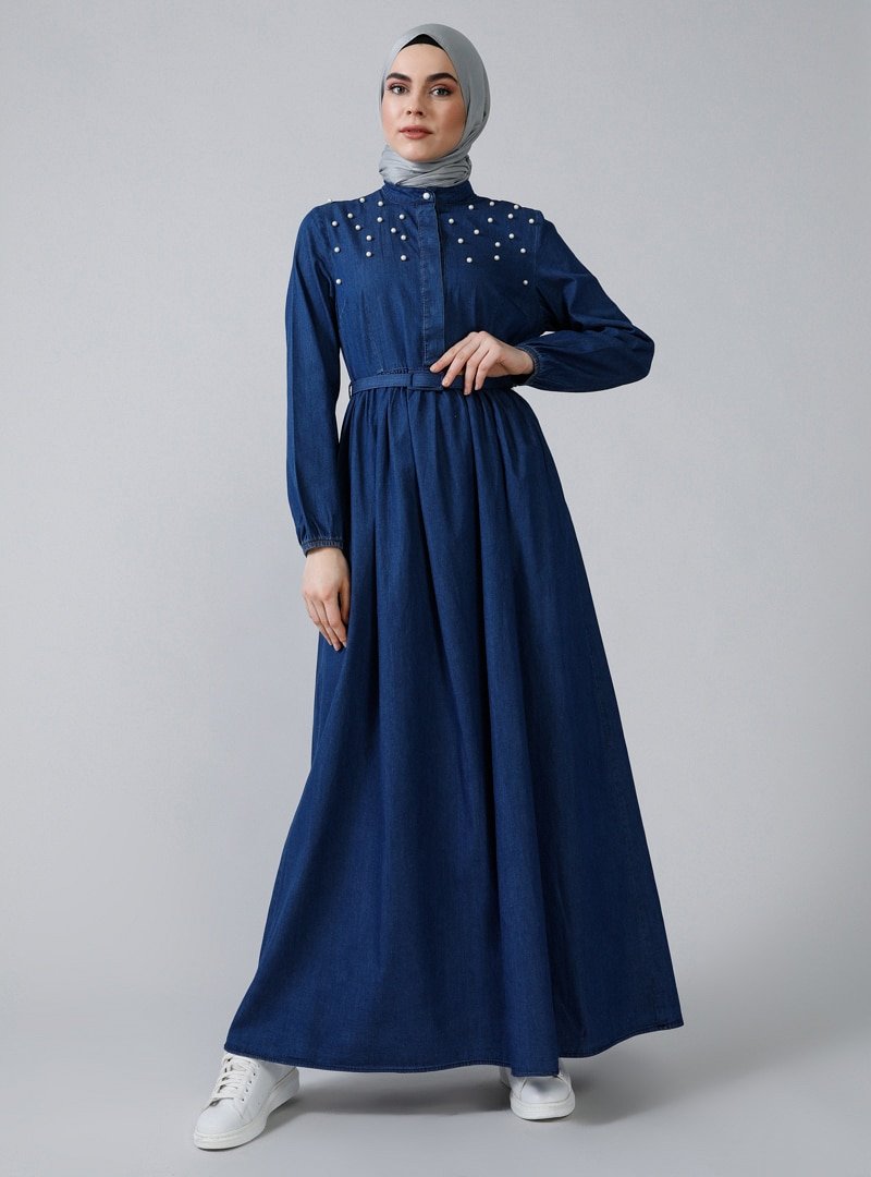 Refka Mavi Doğal Kumaşlı İncili Kot Elbise
