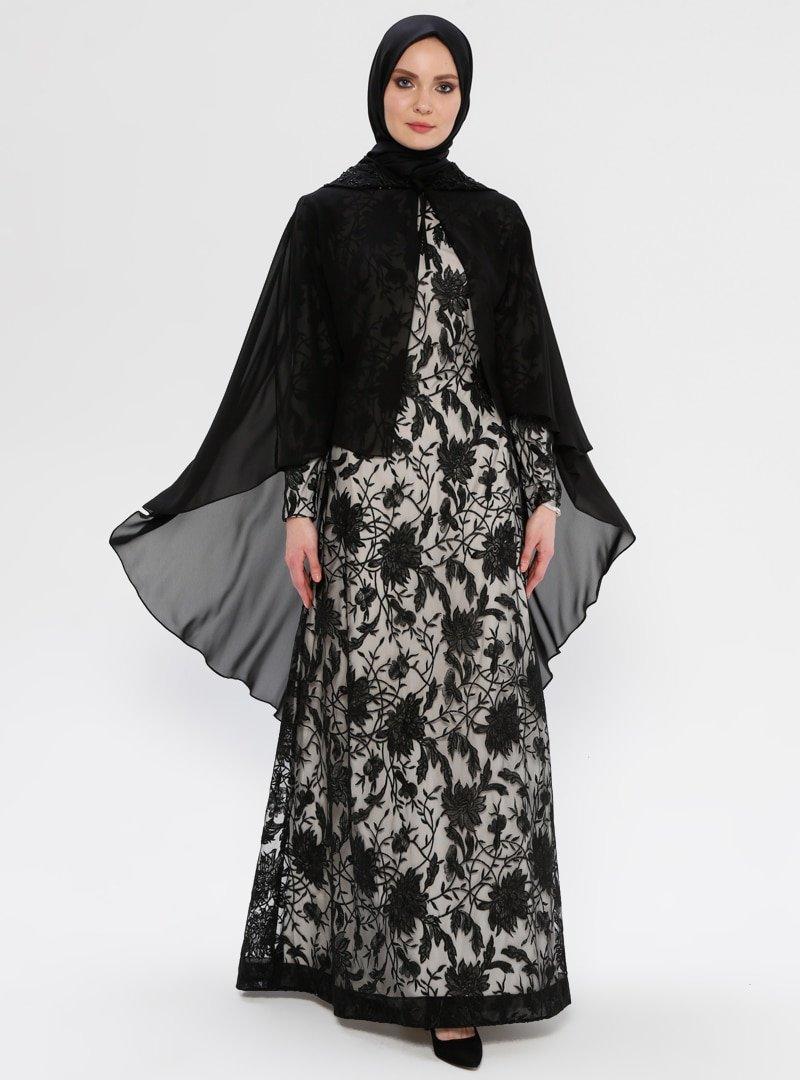 Mileny Siyah Pelerin Detaylı Abiye Elbise