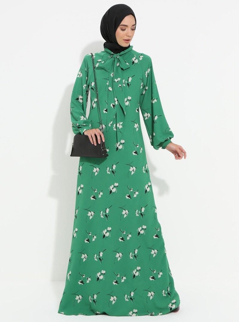 Ayşen Özen Yeşil Çiçek Desenli Elbise