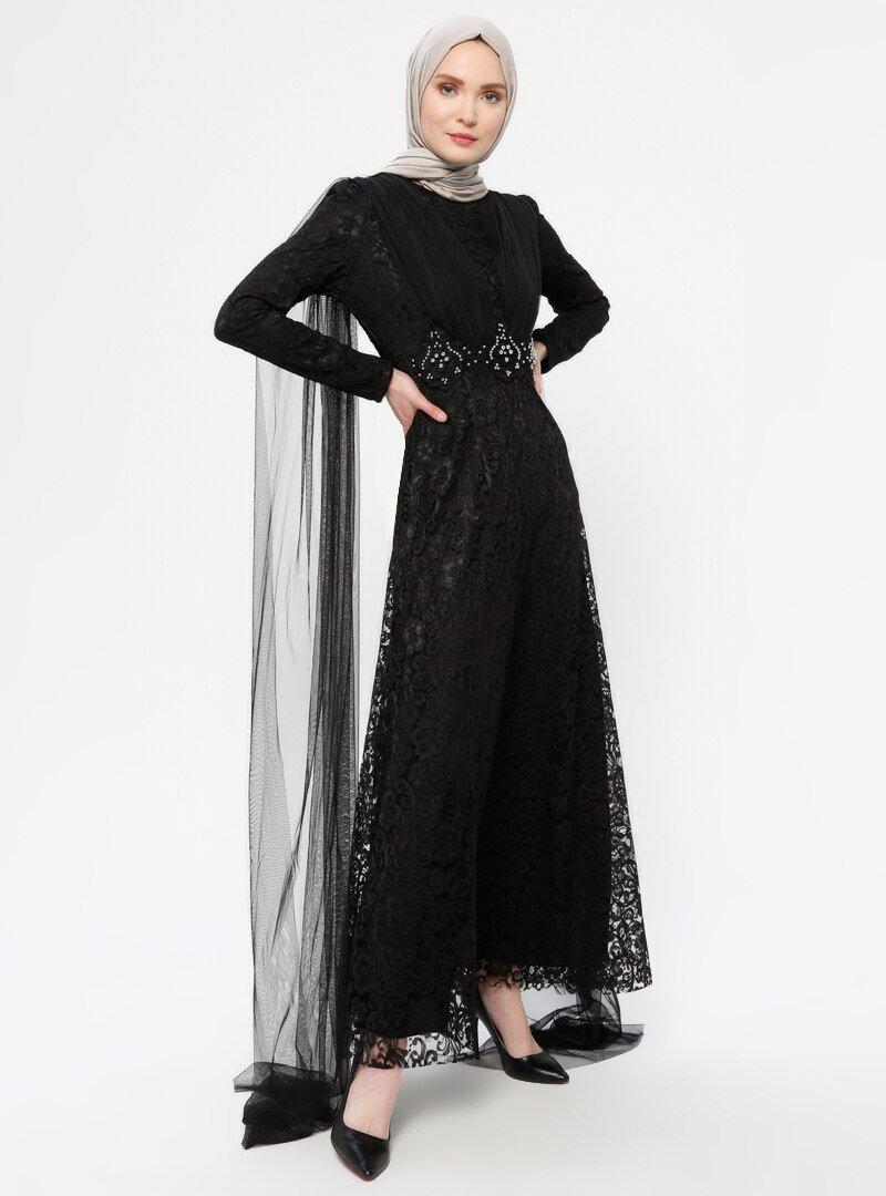 AYŞE MELEK TASARIM Siyah Pelerin Aplikeli Dantelli Abiye Elbise