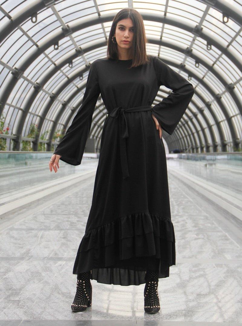 Meys Siyah Eteği Fırfırlı Elbise