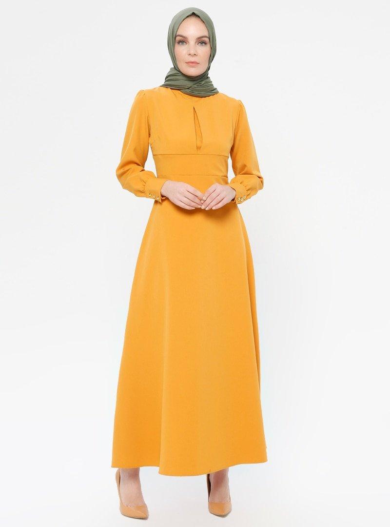 Elfida Sarı Düğme Detaylı Elbise
