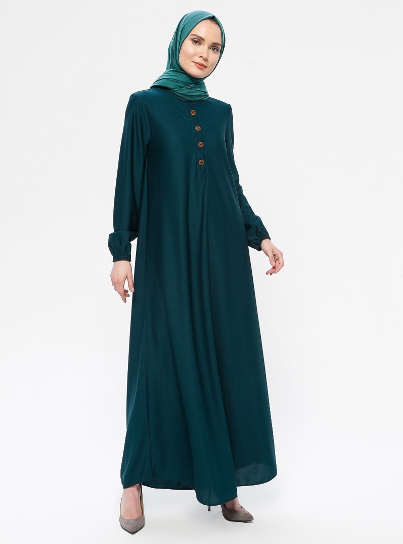 ECESUN Zümrüt Yeşili Düğme Aksesuarlı Basic Elbise