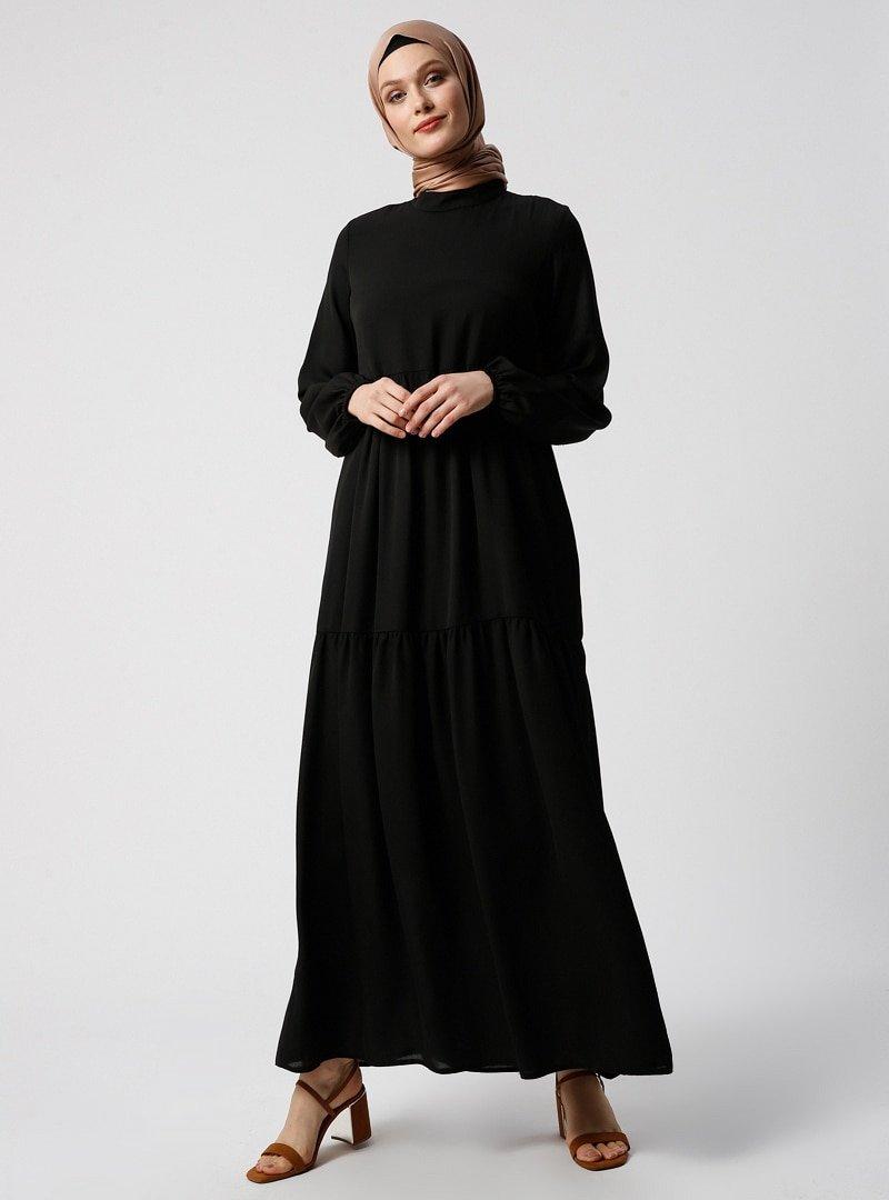 Refka Siyah Kol Ucu Lastikli Salaş Elbise