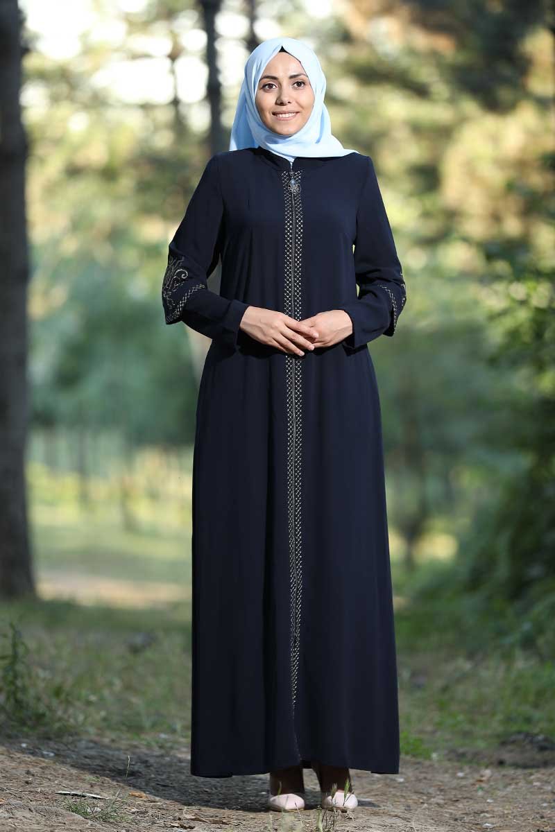 Tesettür Dünyası Lacivert Nakışlı Ferace