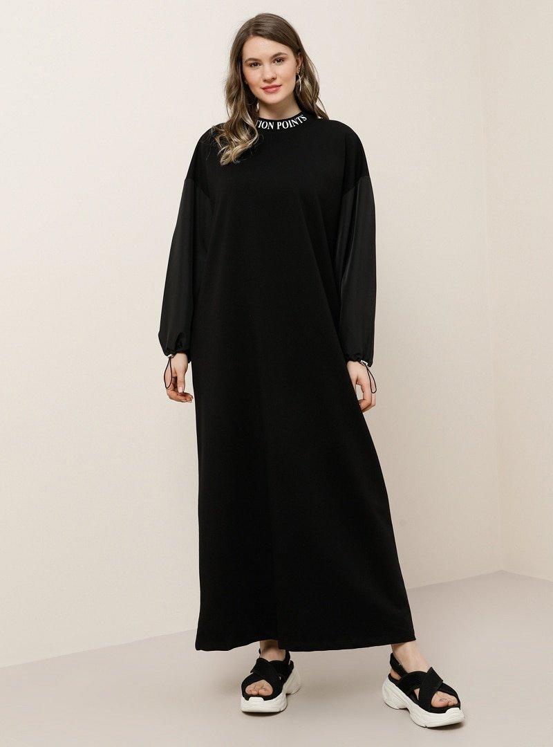 Alia Siyah Ekru Doğal Kumaşlı Kol Ucu Lastikli Elbise