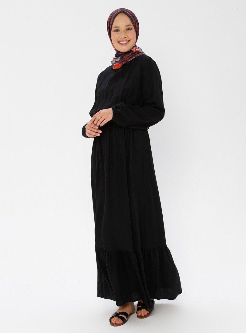 Sevit-Li Siyah Beli Lastikli Elbise