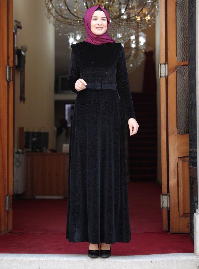 Amine Hüma Siyah Beyza Simli Rüzgarlıklı Kadife Elbise