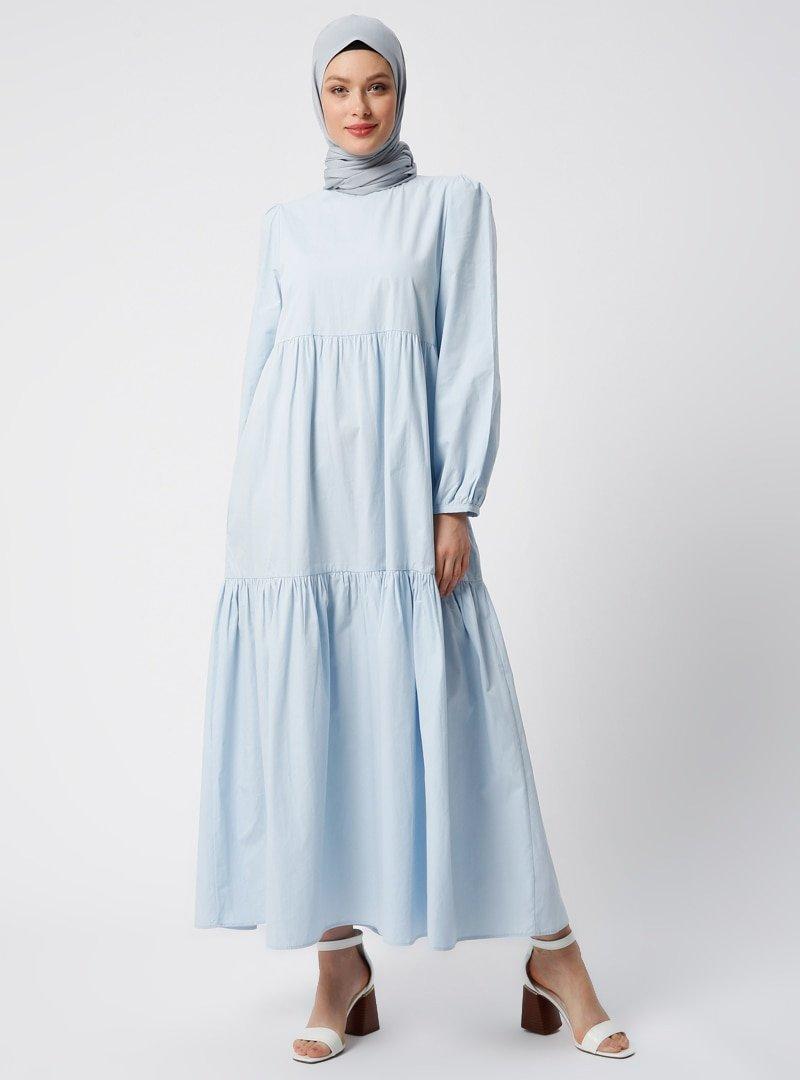 Refka Mavi Açık Doğal Kumaşlı Cep Detaylı Elbise