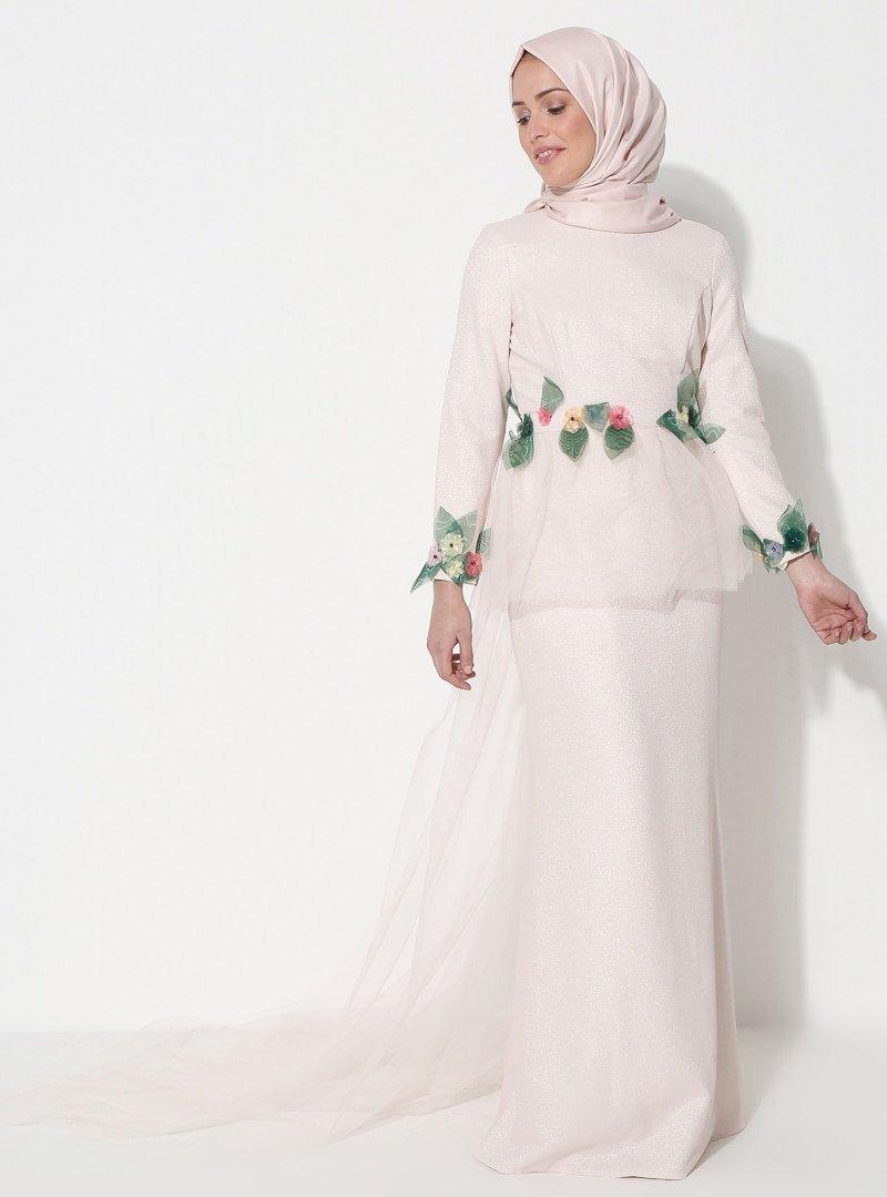Selma Sarı Design Pudra Tül Detaylı Abiye Elbise