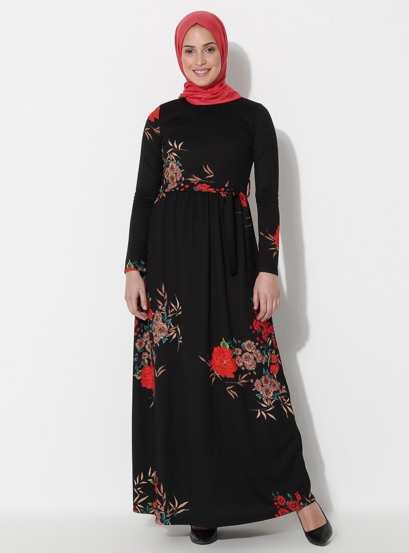 Selma Sarı Design Siyah Kahve Gonca Elbise