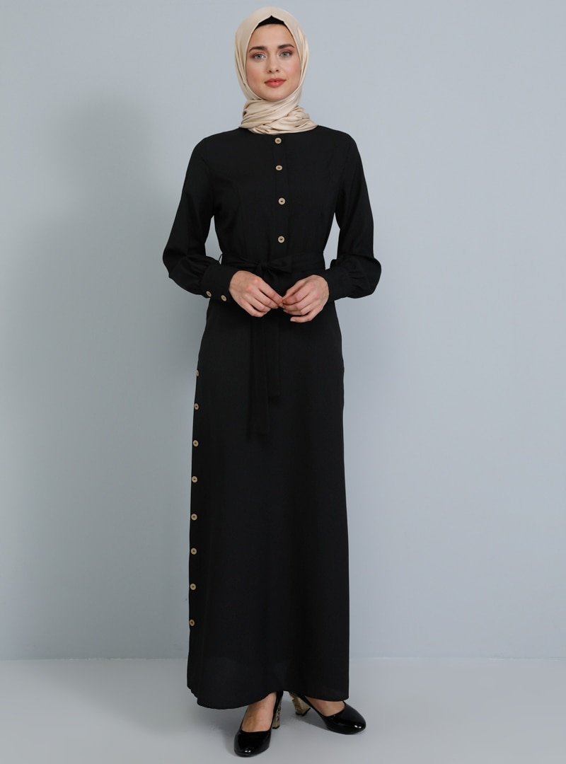 Tavin Siyah Yandan Düğme Detaylı Elbise