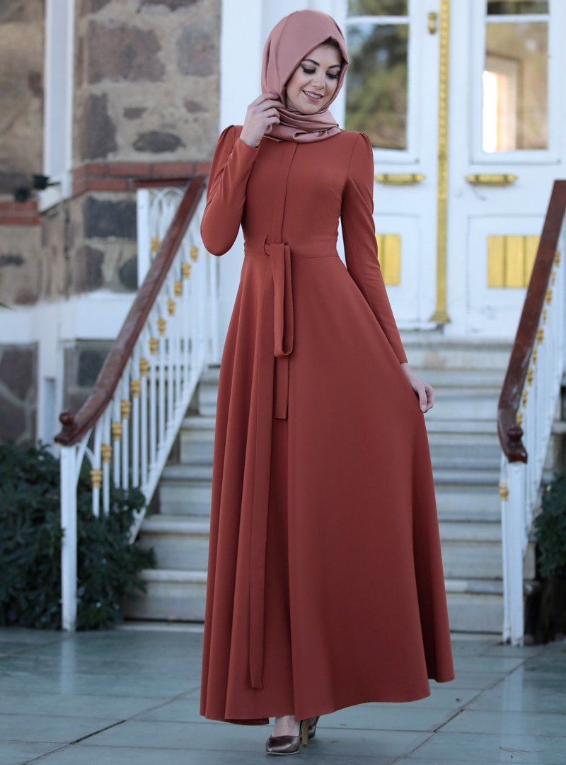 Lavienza Kiremit Kuşaklı Elbise