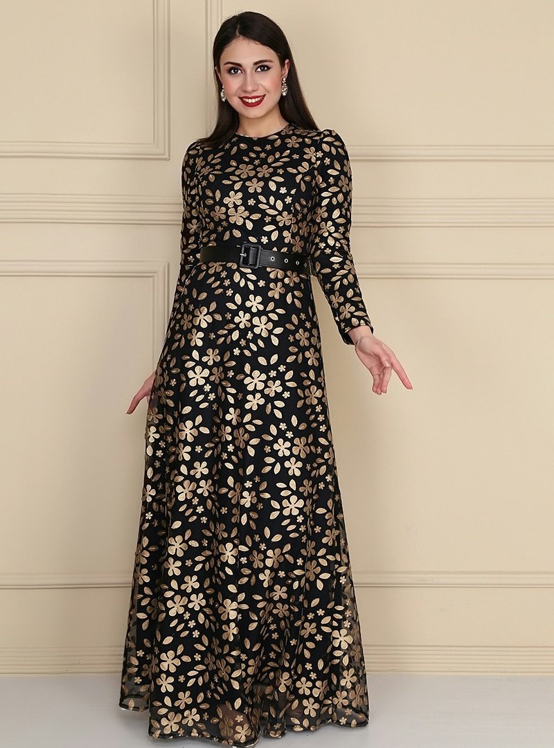 Sew&Design Altın Siyah Çiçek Desen Lazer Deri Abiye Elbise