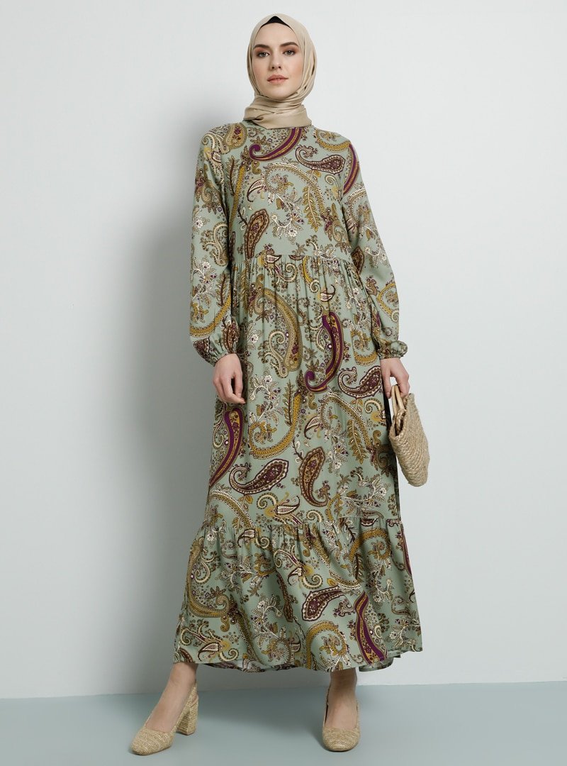 Tavin Çağla Doğal Kumaş Viskon Desenli Elbise