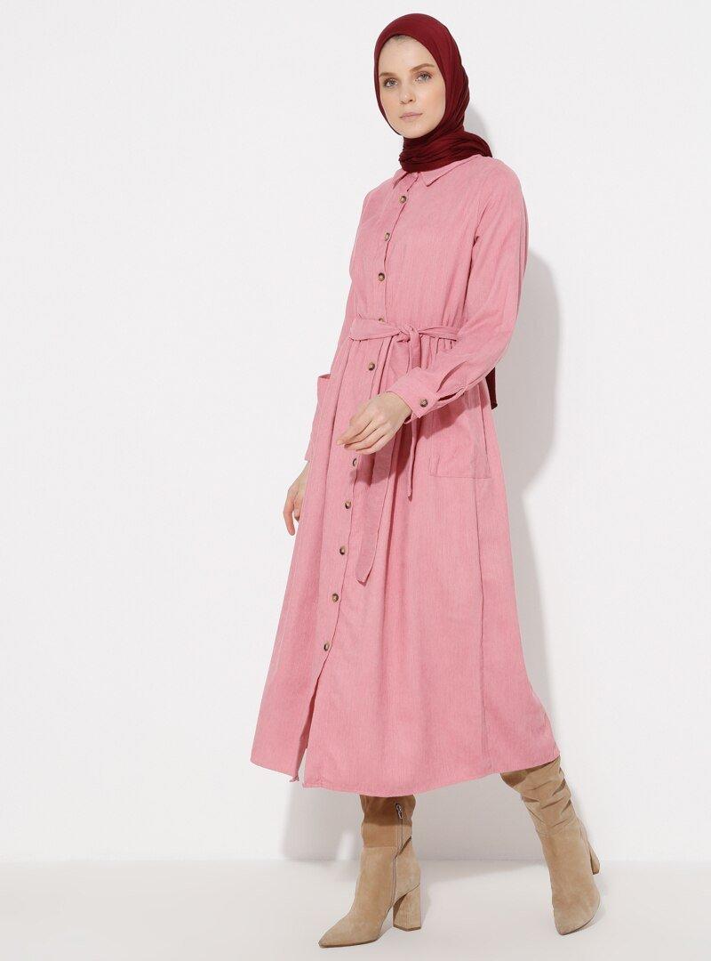 HÜMA SULTAN Pembe Boydan Düğme Detaylı Elbise