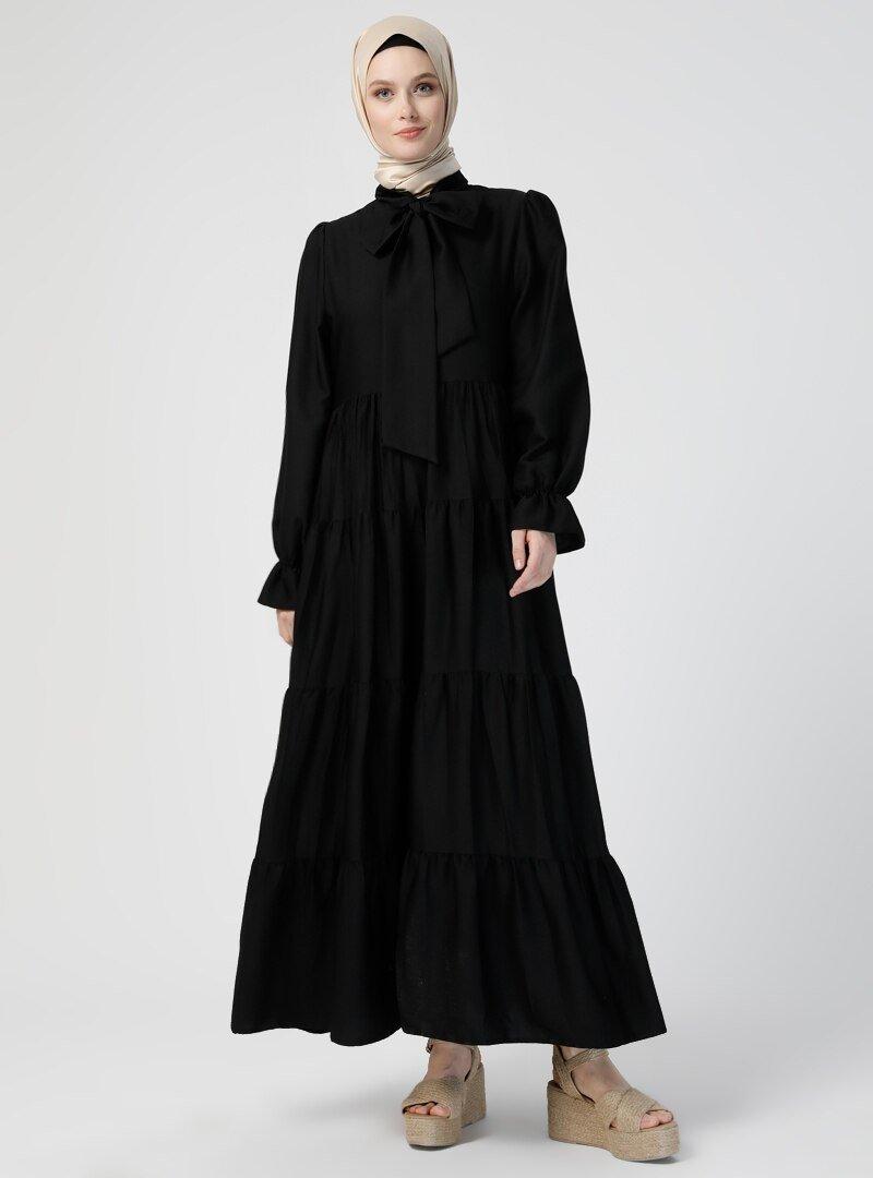 Refka Siyah Yakası Bağlamalı Elbise