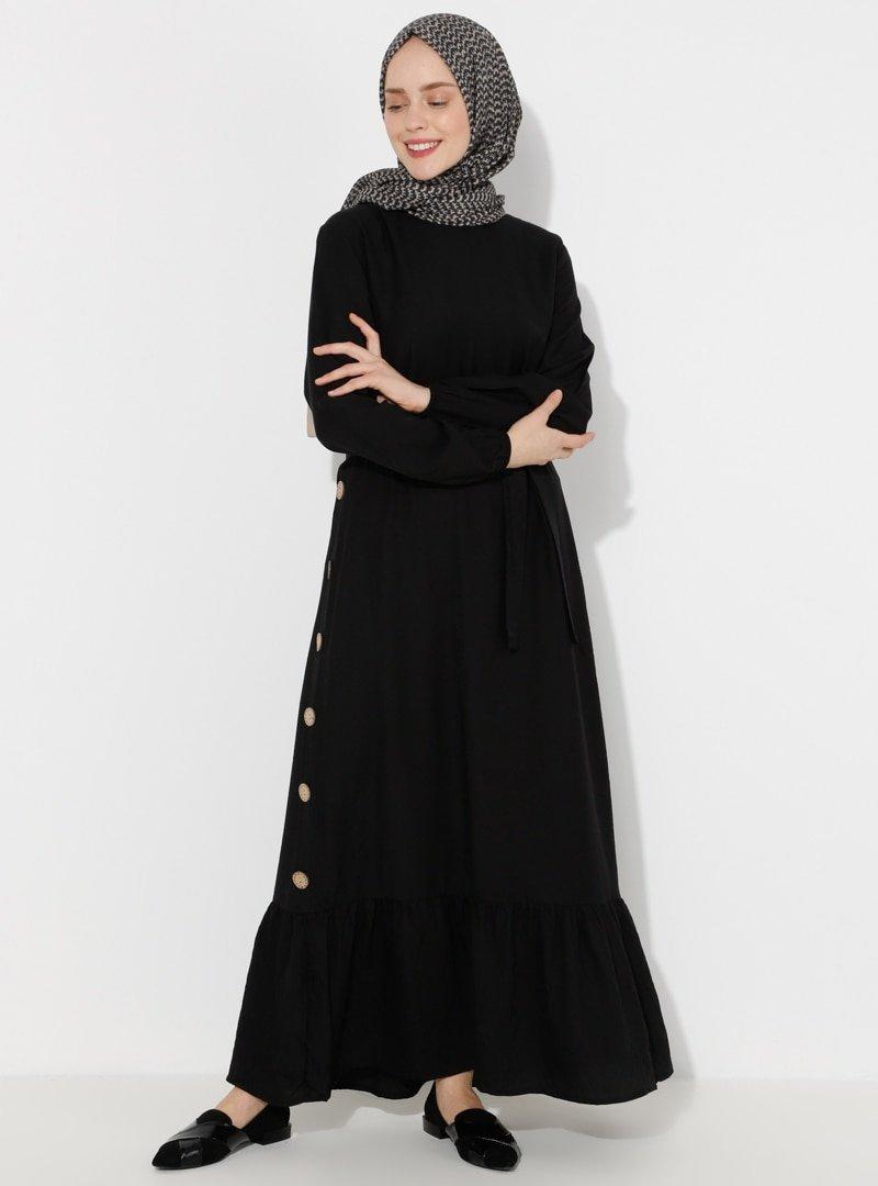 Sevit-Li Siyah Volan Detaylı Elbise