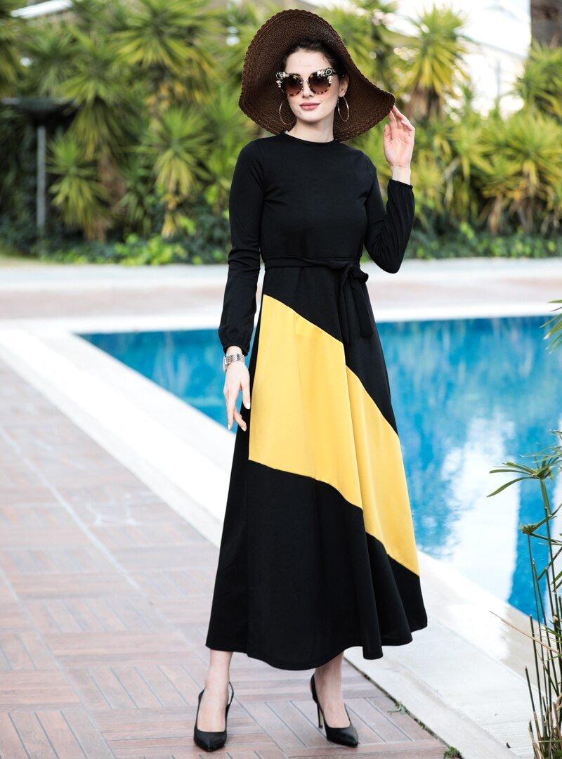Selma Sarı Design Sarı Siyah Garnili Elbise