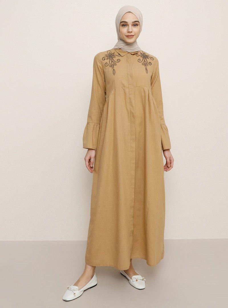Benin Camel Doğal Kumaşlı Boydan Düğmeli Elbise