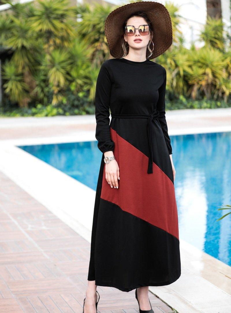 Selma Sarı Design Kiremit Siyah Garnili Elbise