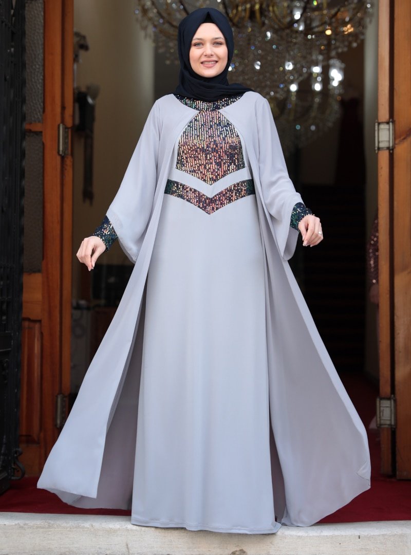 Amine Hüma Gri Narin Abiye Elbise