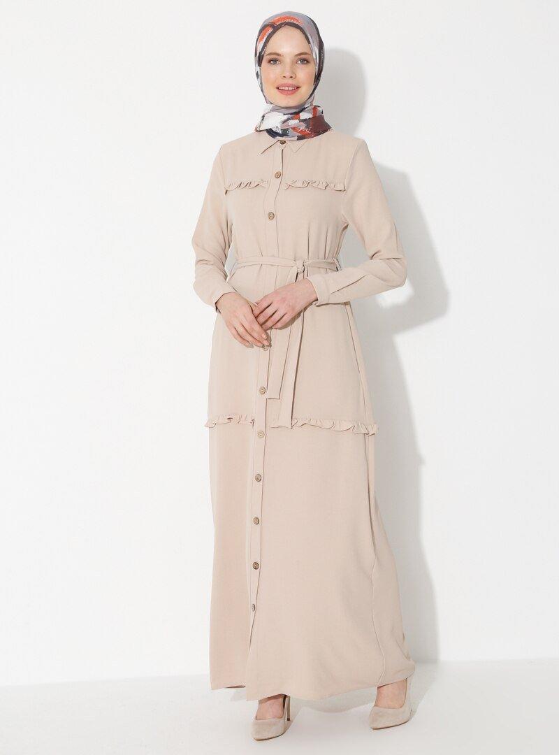 Jamila Bej Fırfır Detaylı Boydan Düğmeli Elbise