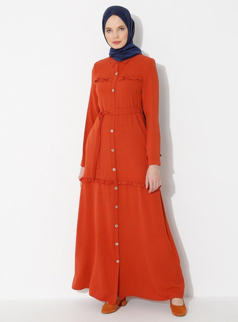 Jamila Kiremit Fırfır Detaylı Boydan Düğmeli Elbise