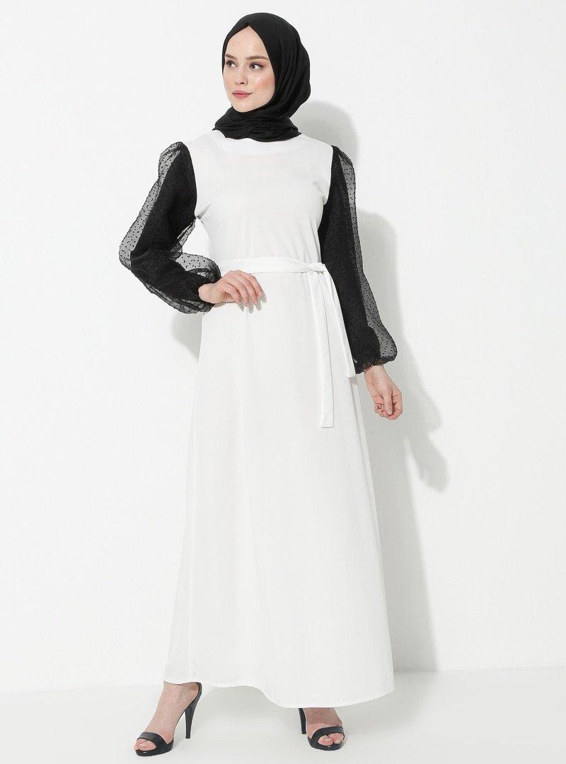Sevit-Li Beyaz Kolları Tüllü Kuşaklı Elbise