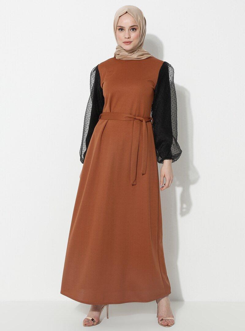 Sevit-Li Taba Kolları Tüllü Kuşaklı Elbise
