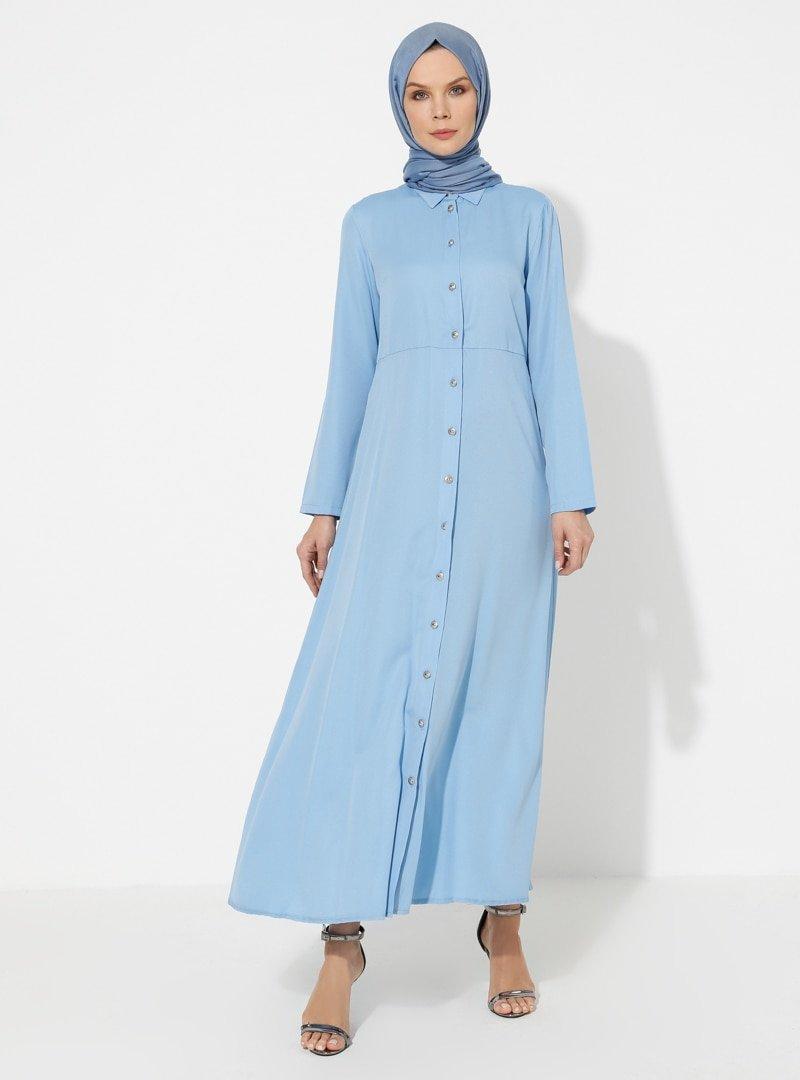 Meryem Acar Mavi Boydan Düğmeli Elbise