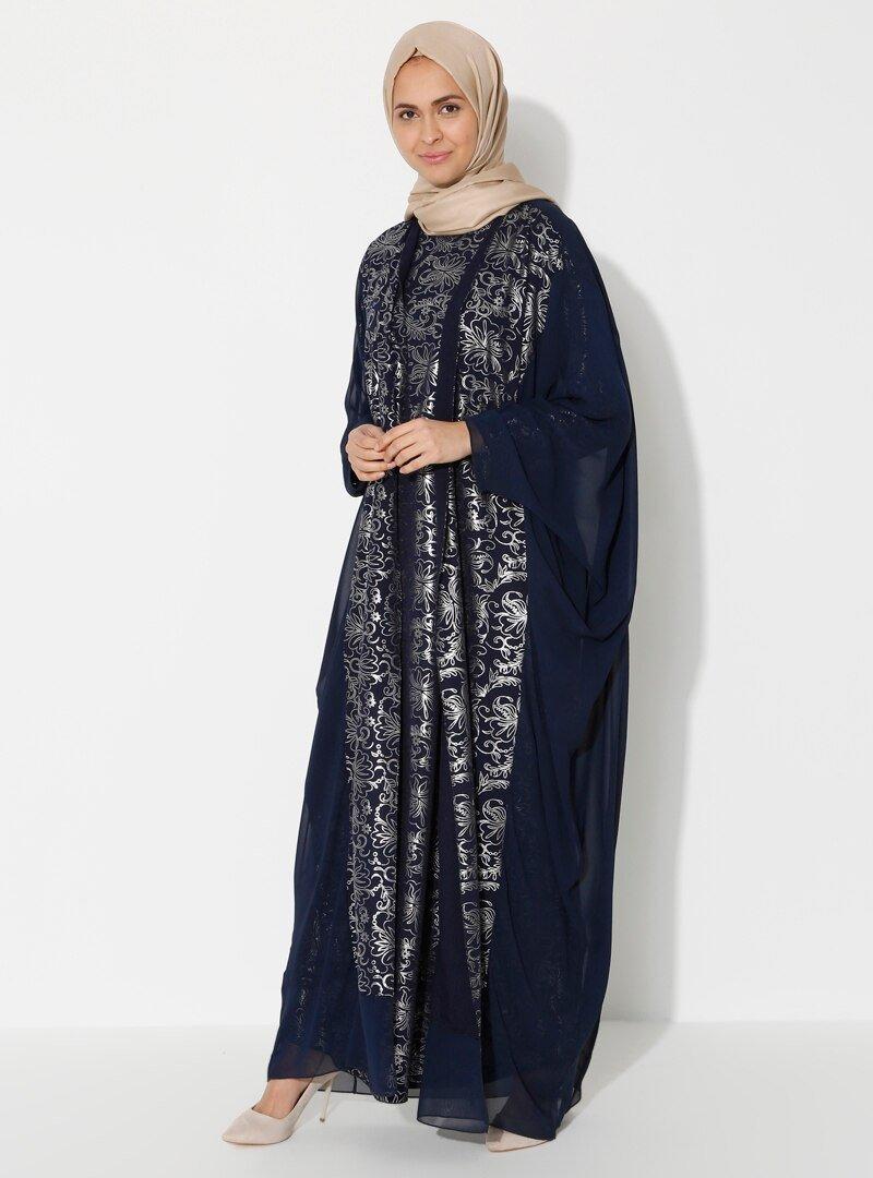 Güzey Lacivert Desenli Elbise&Kimono İkili Takım
