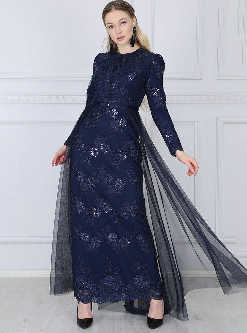 Sew&Design Lacivert Pullu Dantel Tül Detaylı Abiye Elbise