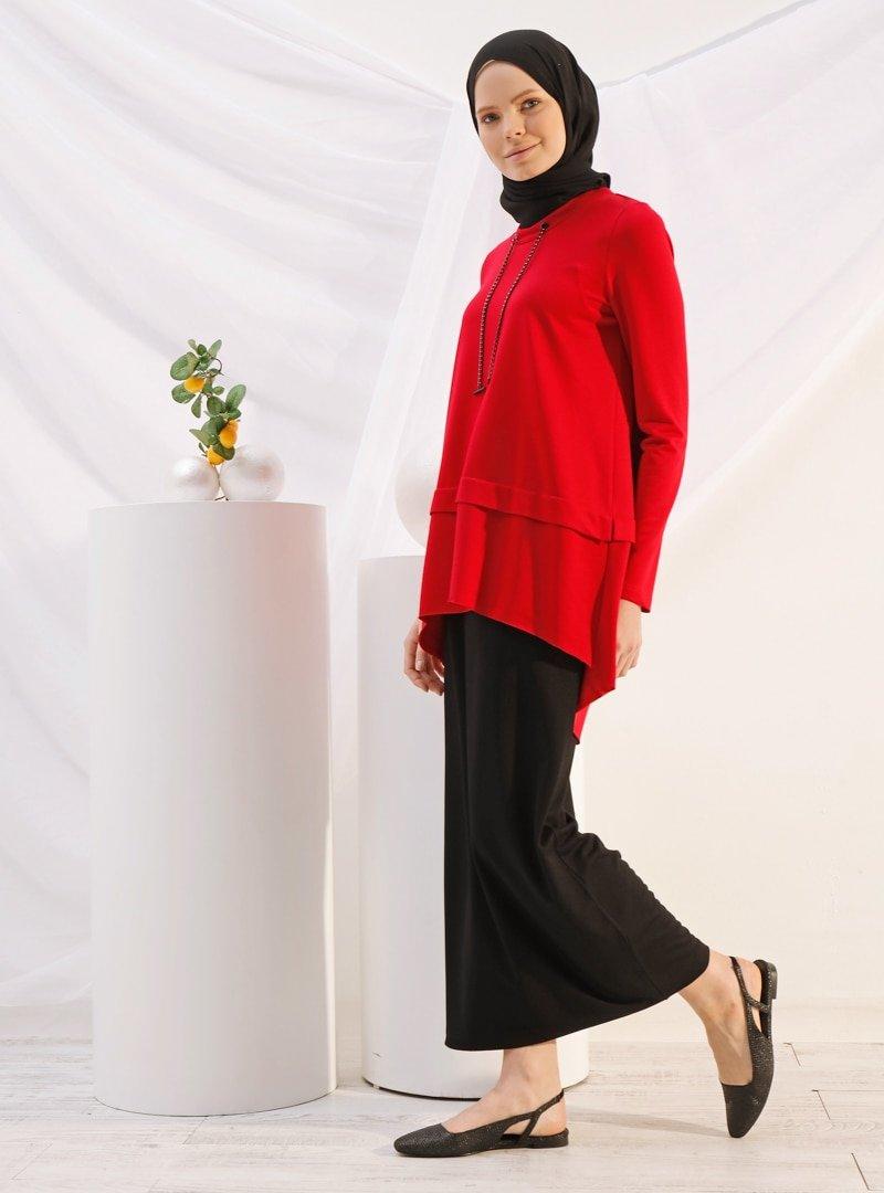 İnşirah Kırmızı Zincirli Tunik&Etek İkili Takım