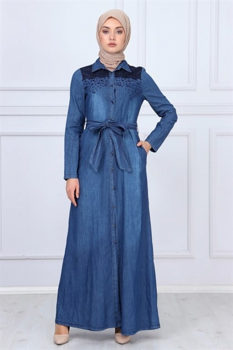 MISSVALLE Koyu Mavi İnci Detaylı Kot Elbise