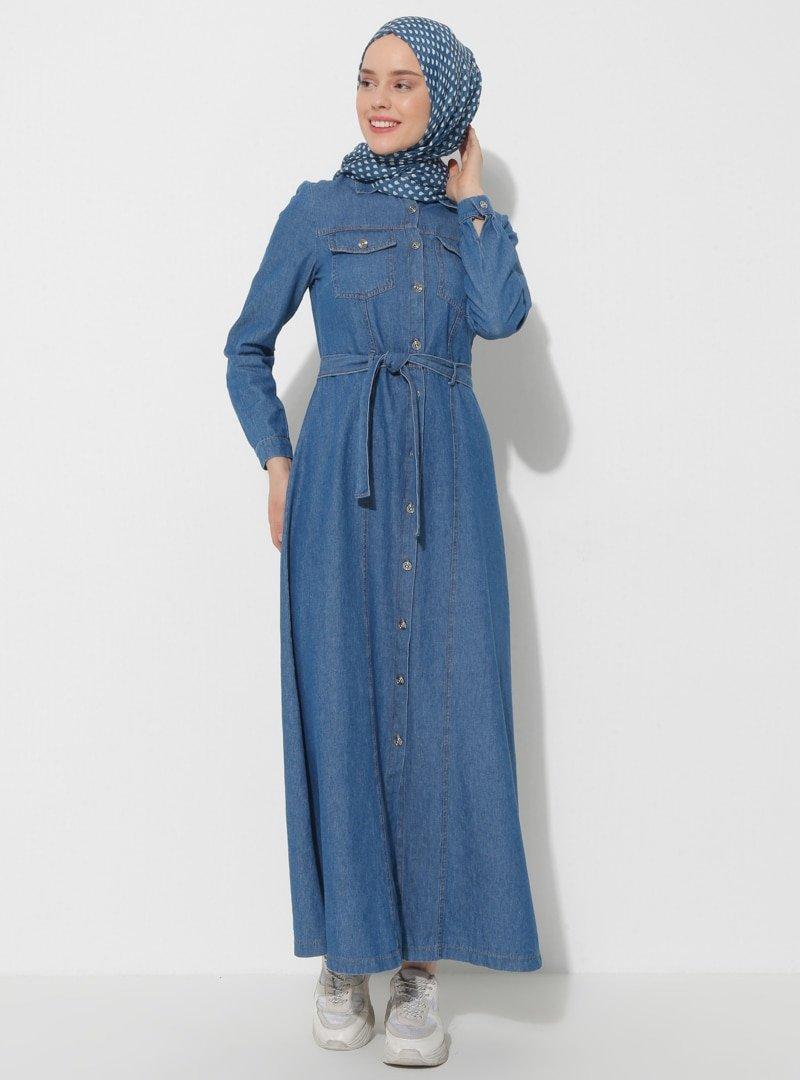 İLMEK TRİKO Mavi Boydan Düğmeli Kot Elbise