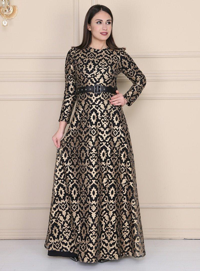 Sew&Design Altın Siyah Osmanlı Desen Lazer Deri Abiye Elbise