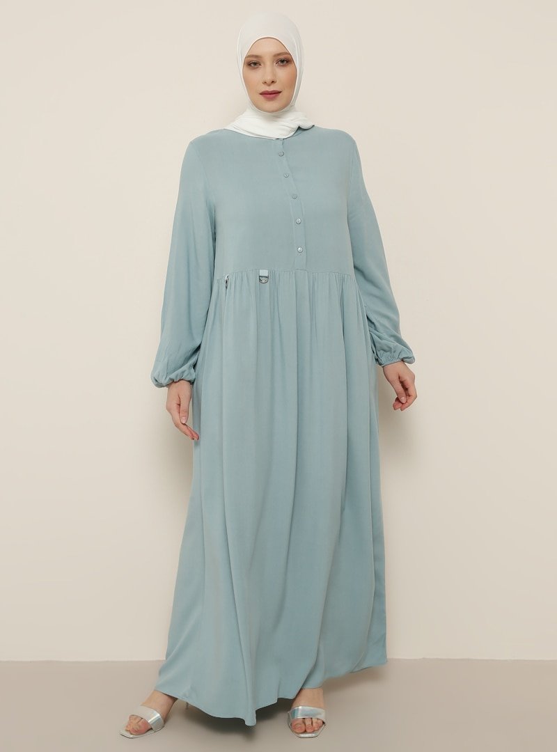 Alia Mavi Soft Kolları Lastik Detaylı Elbise