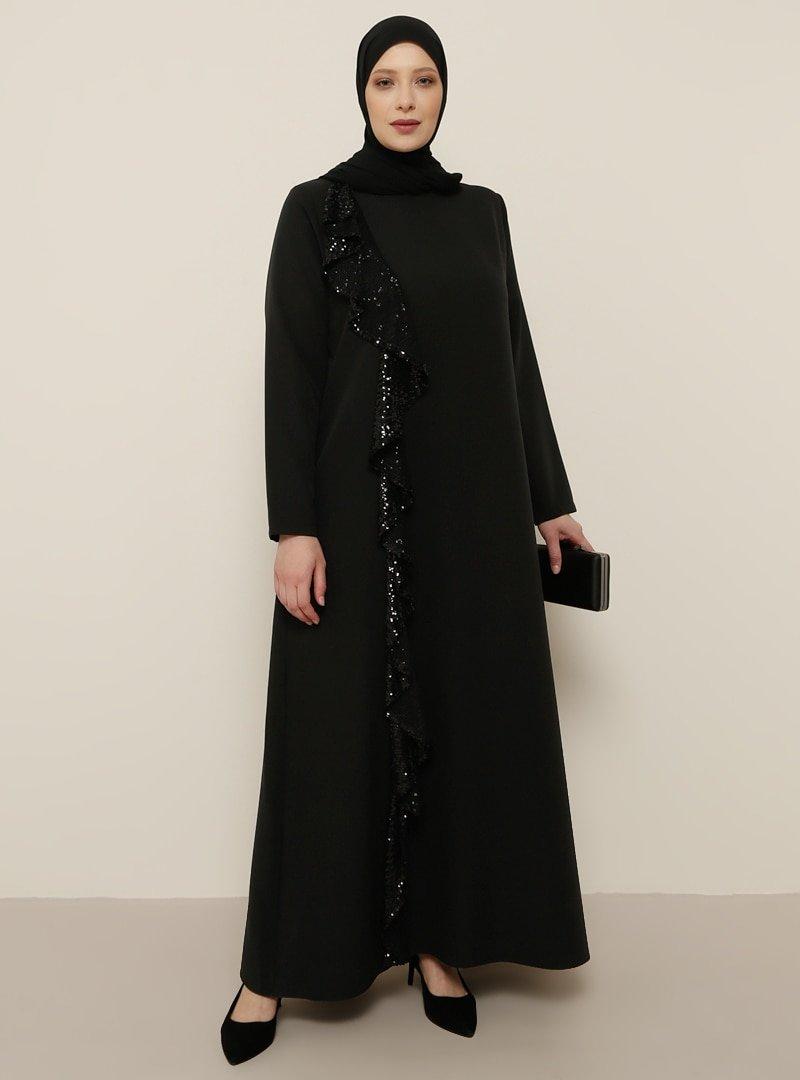 Alia Siyah Pul Detaylı Abiye Elbise