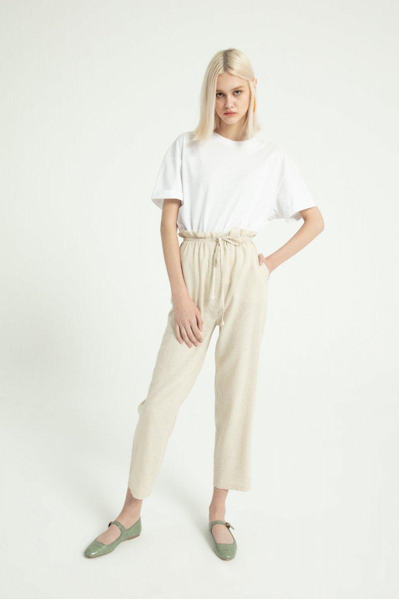 TOUCHE Bej Beli Lastikli Keten Pantolon