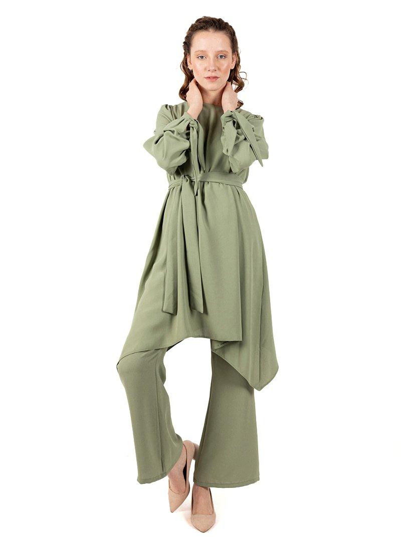 Loreen By Puane Mint Yeşili Asimetrik Kuşaklı Tunik&Pantolon İkili Takım
