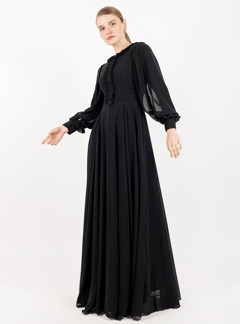 Puane Siyah Süs Düğmeli Şifon Elbise